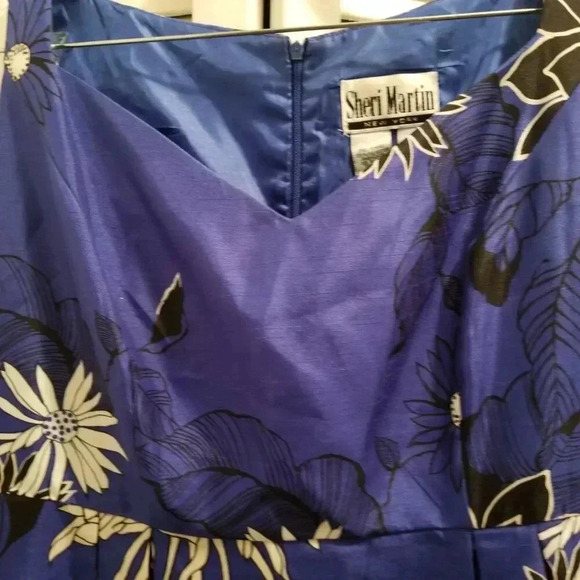 Sheri Martin Blue Empire Waist Sleeveless Shift Flowered Dress Sz 14 - Picture 2 of 5